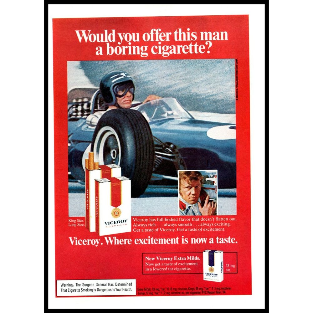 1974 Viceroy Cigarette Excitement is a Taste Blue Open Wheel Race Car Print Ad
